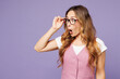 © ViDi Studio - Young shocked surprised successful employee business woman wear classic suit white t-shirt vest touch glasses look aside isolated on plain pastel light purple background. Achievement career concept.