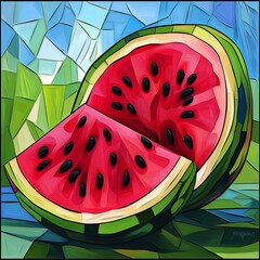 Sticker - A sliced watermelon with red flesh and black seeds on a green and blue background.