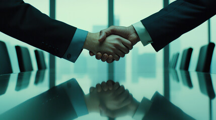 Business handshake in minimalist boardroom, symbolizing partnership and collaboration. focus on hands reflects trust and agreement in professional setting