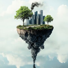 Wall Mural - A small island floating in the sky with a city and a smoke trail, representing environmental pollution.