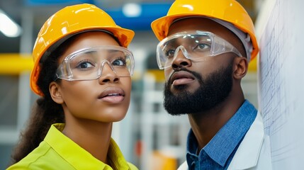 Two people wearing safety gear and looking at a white board. Scene is serious and focused