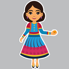 Poster - Sticker Style Young Indian Girl Character Holding Sweet Ball (Laddu) on Grey Background.