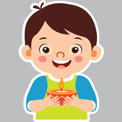 Sticker - Sticker Style Cute Indian Boy Character Holding Illuminated Oil Lamp (Diwali Diya) on Grey Background.