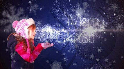 Sticker - Animation of snow falling over caucasian girl and marry christmas text on blue background