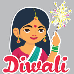 Sticker - Sticker Style Indian Woman Character Celebrating Diwali with Sparkling Stick on Grey Background.