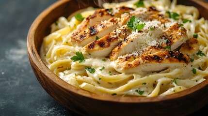 Creamy chicken Alfredo pasta, fettuccine noodles, grilled chicken slices, melted Parmesan cheese, black marble countertop, rustic wooden bowl, Italian cuisine, comfort food,.