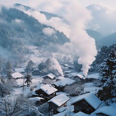 Sticker - A snowy village nestled in a mountain valley with smoke rising from chimneys, a winter wonderland.