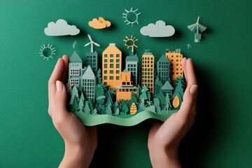 Wall Mural - Eco-Friendly Urban Support in Paper Cut Style - Hands holding Green Cityscape with Renewable Energy Symbols Floating Around