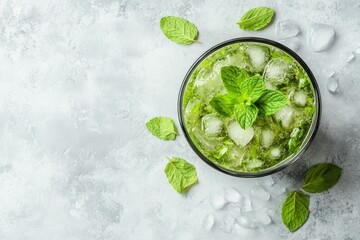 Wall Mural - Refreshing Green Mojito Cocktail with Mint and Ice on a Light Gray Background. Top View.