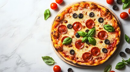 Freshly baked pizza on wooden board, white marble countertop, melted cheese, pepperoni slices, cherry tomatoes, black olives, fresh basil leaves, rustic style, Italian cuisine.