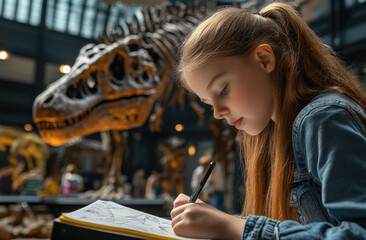 Poster - A young girl writing on her sketchbook in front of the dinosaur skeleton, at an science museum with other visitors behind her