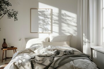 Poster - Bedroom interior with picture frame furniture painting cushion.