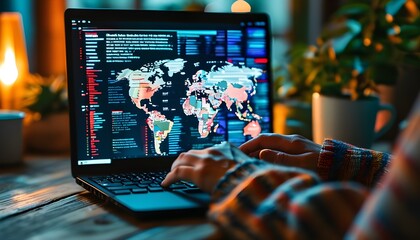 Digital landscape of media information and global news displayed on a laptop screen, captured while hands engage with the keyboard.