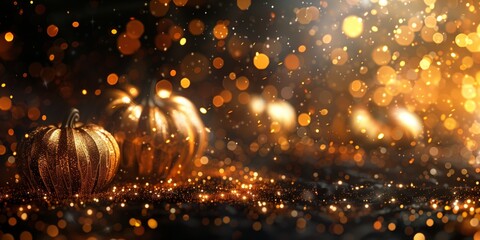 Abstract background with Halloween pumpkins and golden glowing particles on a black background creating a glitter effect.