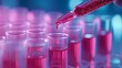 © horizon - Laboratory test tubes with pale red liquid, pipette adding sample, close-up view, scientific research, medical analysis, chemistry experiment, glass vials in rack.