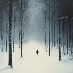 Sticker - A solitary figure walks through a snowy forest path, the trees shrouded in mist.