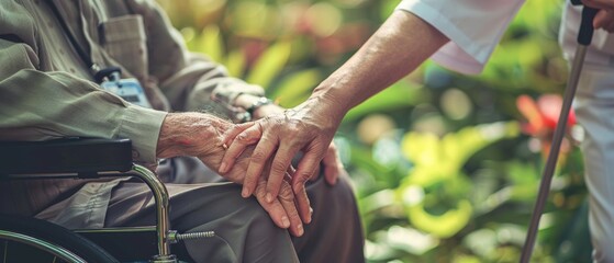 A touching image shows a caregiver comforting an elderly person outdoors. The focus is on their intertwining hands, symbolizing care and support.