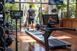 © Degimages - Remote fitness coach leading virtual workout session, demonstrating exercises in home gym, webcam recording