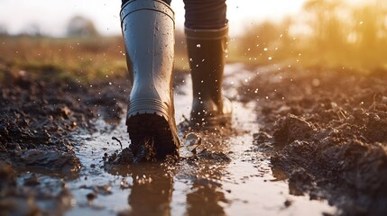 Person wearing rubber boots walking on wet muddy ground, close-up of boots, bright sunlit day, splashing water droplets, reflective puddles, earthy tones, outdoor adventure.