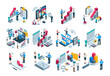 © Trostinka_25 - isometric vector set of business people working with charts and diagrams and documents, in color on white background, work with statistical and financial data or success strategy