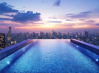 Wall Mural - An infinity pool with a view of Bangkok's skyline at dusk, offering panoramic views and luxurious urban living in the heart of Thailand