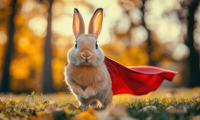 A rabbit is wearing a red cape and standing in a field of grass