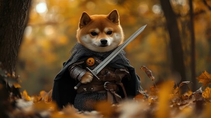 Wall Mural - A dog is dressed in a knight's costume and holding a sword