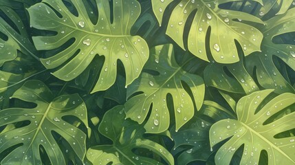 Wall Mural - Green leaves with water drops