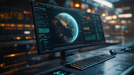 A computer monitor displays a planet with a glowing blue and green background