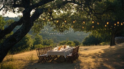 A table set for a dinner in the shade of a tree