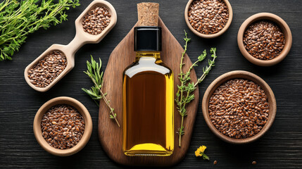 Wall Mural - Top view of a glass bottle of flaxseed oil with a cork stopper surrounded by bowls and scoops filled with flaxseeds and fresh herbs on a dark wooden surface.