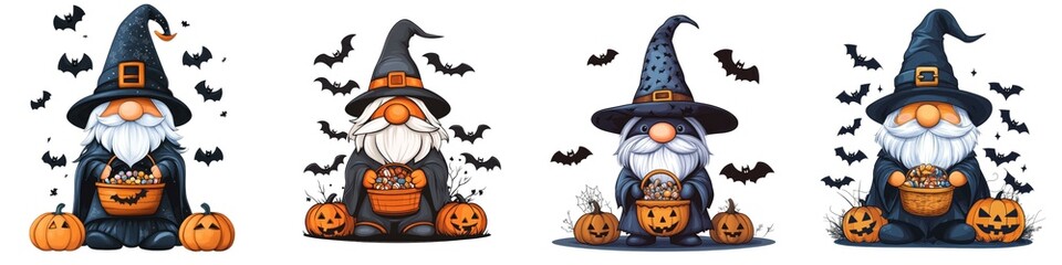 A charming set of whimsical wizards with pumpkins and bats, perfect for Halloween-themed designs and decorations.