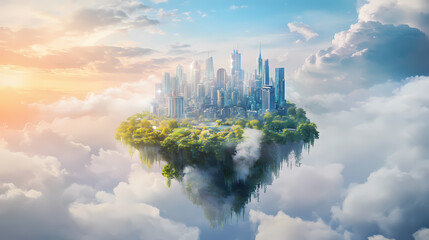 Wall Mural - Landscape floating island city in cloud sky fantasy light beautiful. Floating Islands. Illustration