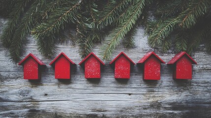 A row of red birdhouses next to a pine tree