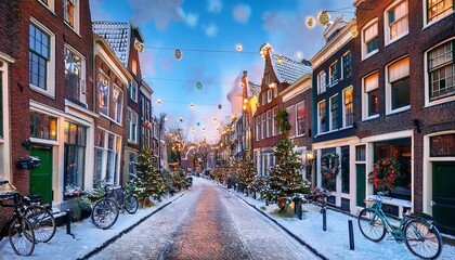 Wall Mural - A quaint, snow-covered Dutch street in the heart of Amsterdam.