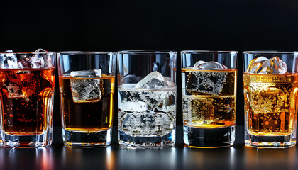 Wall Mural - Alcohol in glasses with ice. Strong alcoholic drinks background