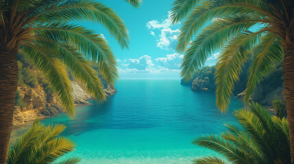 Wall Mural - A beautiful beach scene with palm trees and a blue ocean