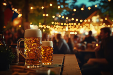 Canvas Print - Illuminated Oktoberfest Beer Garden at Night Full of Laughter and Music  