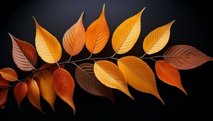 A branch of vibrant orange and yellow autumn leaves on a black background.