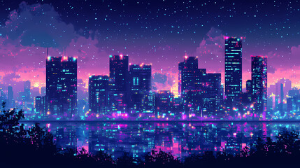 Wall Mural - Pixel art city in vaporwave style, background in retro style for bit game, generative ai. Vaporwave. Illustration