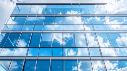 Poster - Sleek modern office building with large glass windows reflecting the sky and surrounding cityscape.