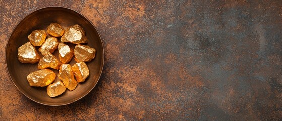 Gold nuggets spread on a textured rusty metal surface, with a gold pan in soft focus, representing the process of panning for gold and striking riches