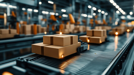 Sticker - Conveyor belts with brown cardboard boxes in a modern warehouse or distribution center. The scene depicts automated packaging and logistics operations.