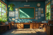 © Noufaldi - A serene classroom with natural light, plants, and educational materials on the walls.