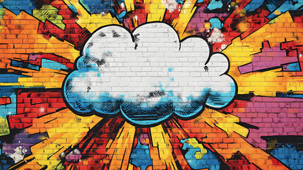 Wall Mural - Pop art comic street graffiti with a cloud on a brick wall. fantastic poster background. Graffiti. Illustration