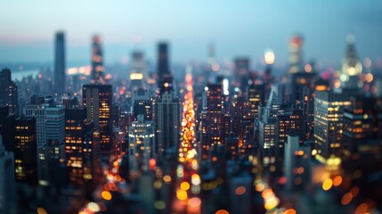 Aufkleber - Majestic city skyline featuring towering skyscrapers and illuminated buildings at dusk, with a soft glow from the city lights.