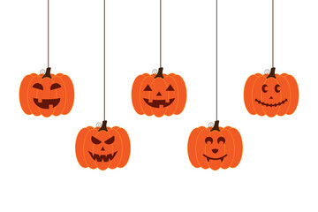 Wall Mural - Vector illustration of hanging Halloween pumpkins on transparent background