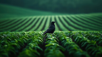 Sticker - A black crow stands on rows of green vegetation in an agricultural field with background of lush, verdant landscape. The scene captures a serene, natural farming environment.