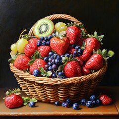 Poster - A wicker basket brimming with ripe strawberries, kiwi, green grapes and blackberries.