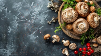 Wall Mural - Rustic mushrooms with herbs and garlic on wooden plate